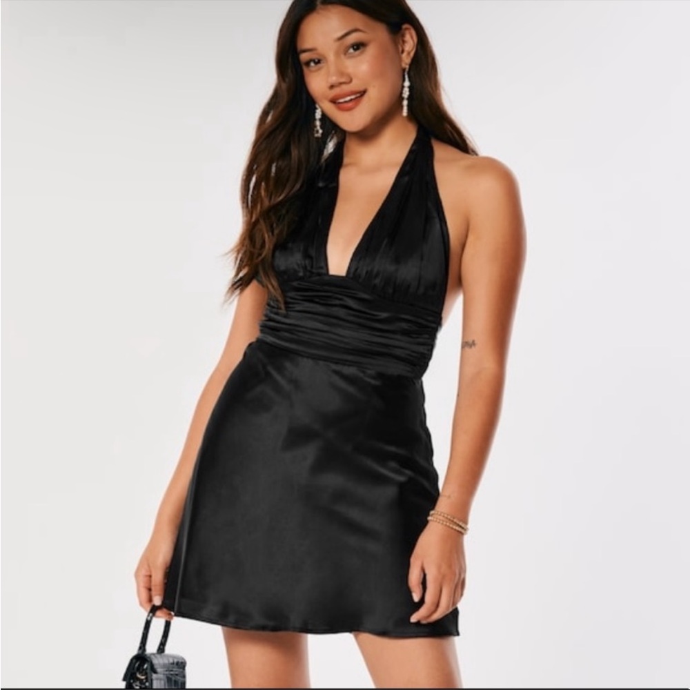 Hollister Black Plunge Satin Halter Mini Dress